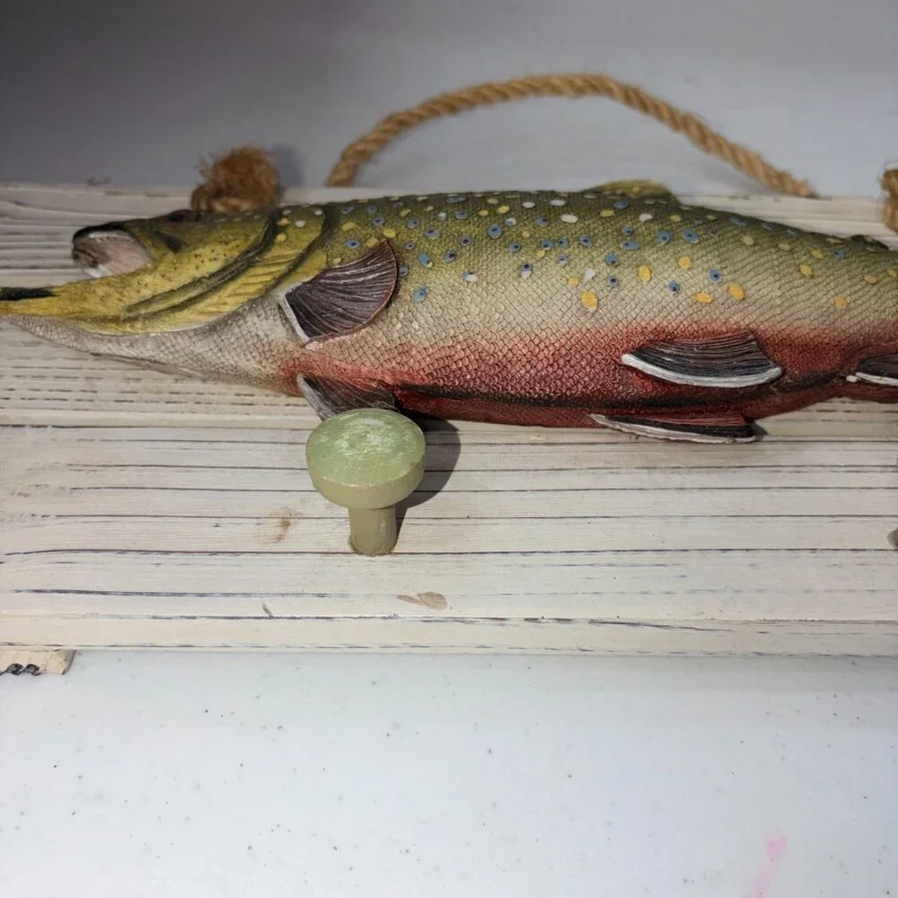 Brook Trout Resin Wall Art 4 Hooks Hanging Rack Realistic 2D Cabin Lodge Western